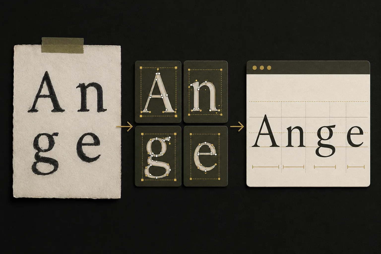 Prepared paper letterforms moving through editable glyph regions into a spaced font preview