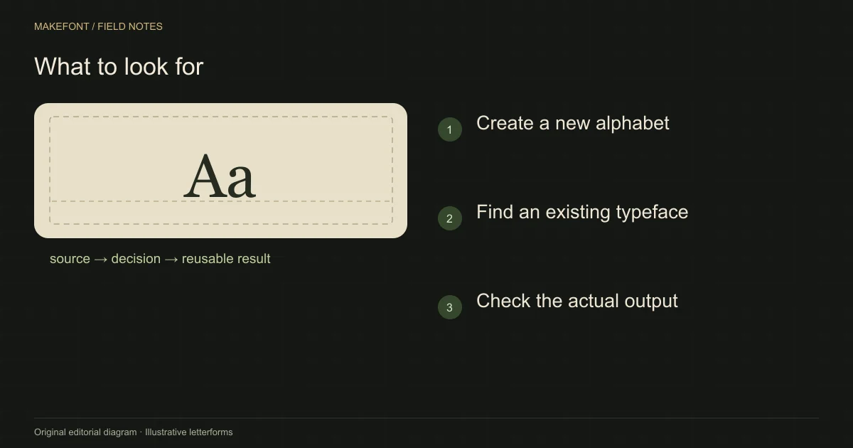 Create a new alphabet; Find an existing typeface; Check the actual output; illustrated with Aa