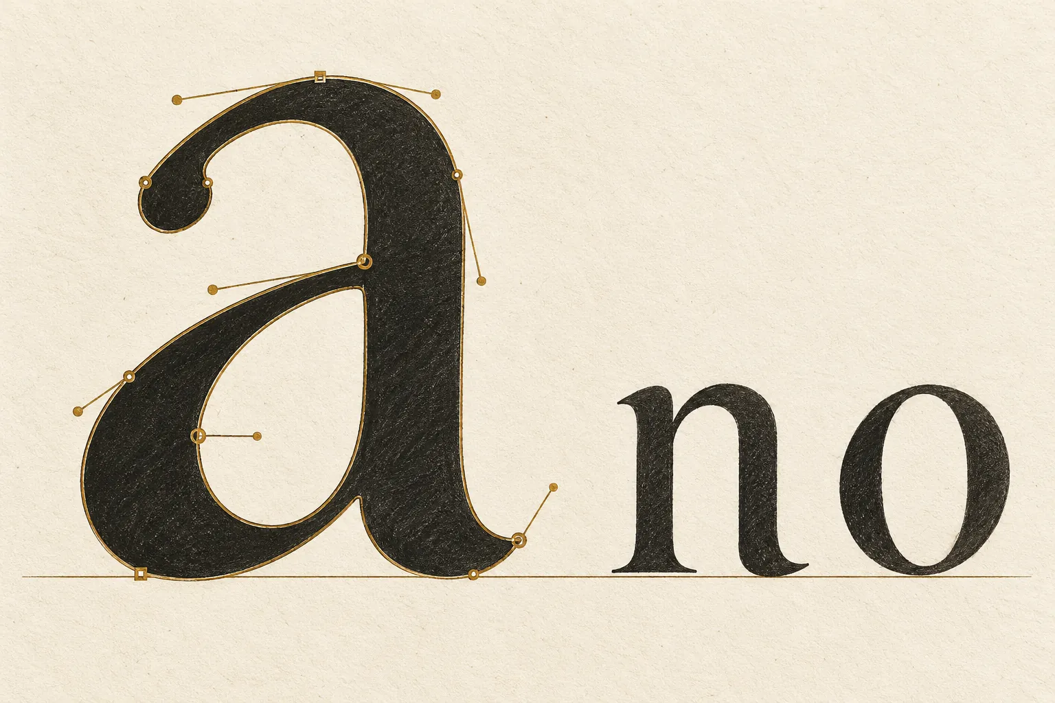 A handwritten lowercase a with outline control points and a baseline, beside smaller n and o specimens