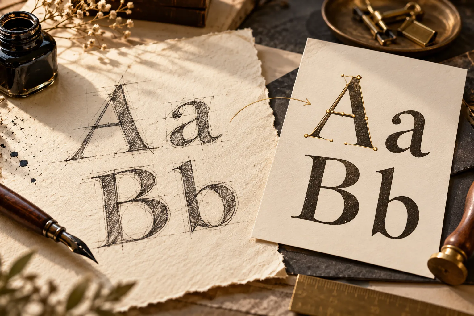 Handwritten A a B b letterforms on a cream source sheet and a separate specimen card beside an ink pen