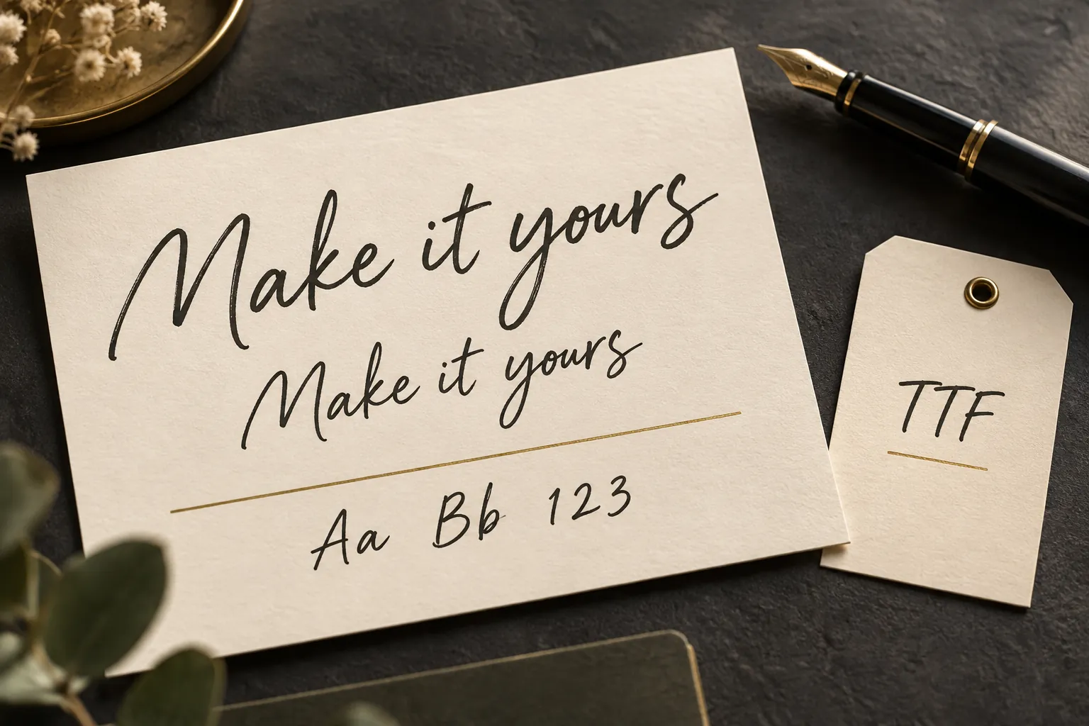 A handwritten Make it yours specimen at two sizes, a row of letters and numbers, and a separate TTF card