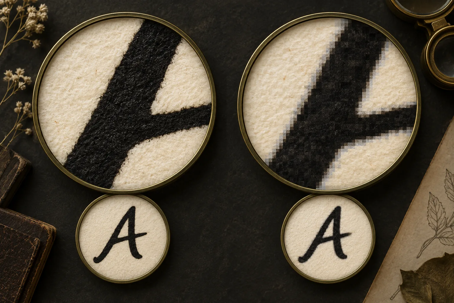 Conceptual magnified letter edges comparing a continuous stroke with blocks and a halo around an overcompressed edge