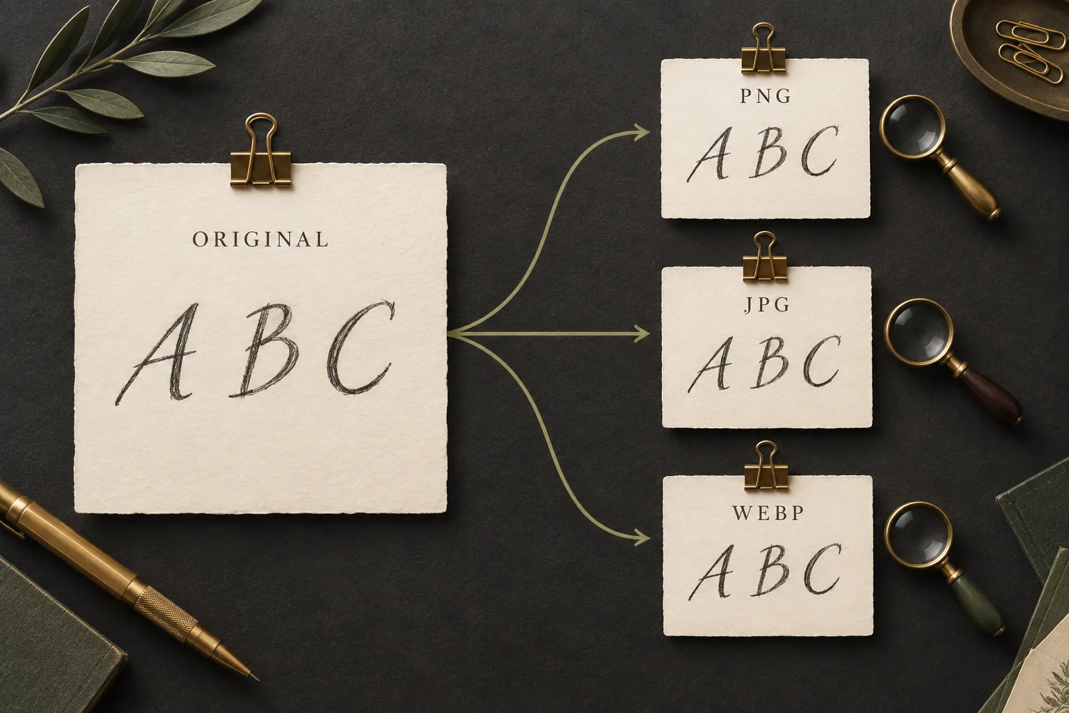 An original letter sheet branching directly into PNG, JPG, and WEBP working copies for visual inspection
