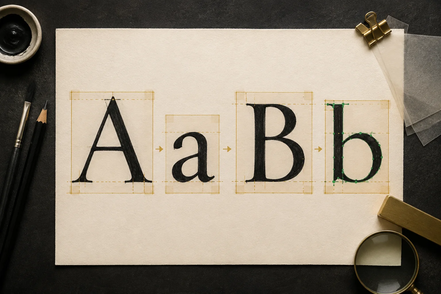 Separated hand-drawn letterforms with crop bounds and editable vector nodes on a designer's worktable