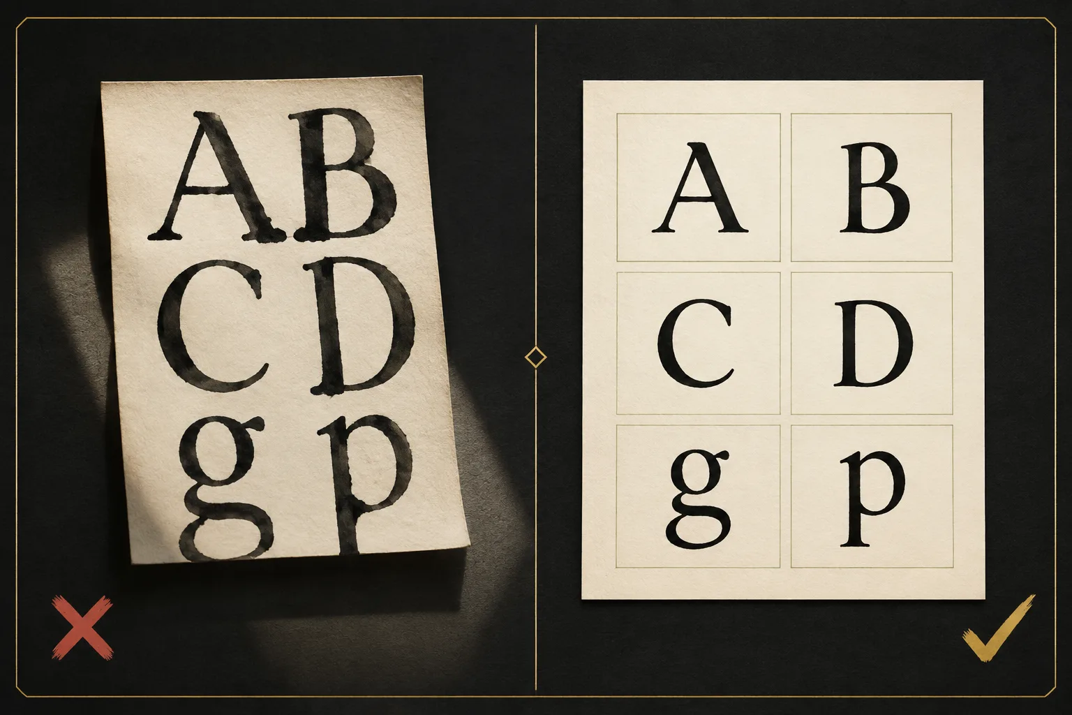 Side-by-side comparison of a shadowed, cramped letter image and a square, evenly lit sheet with separated characters